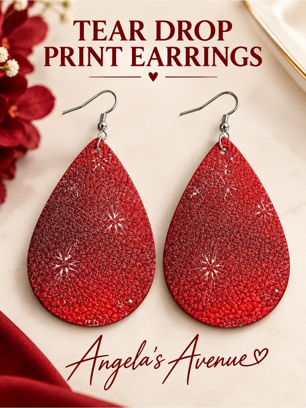 Red Print Faux Leather Tear Drop Earrings NEW
